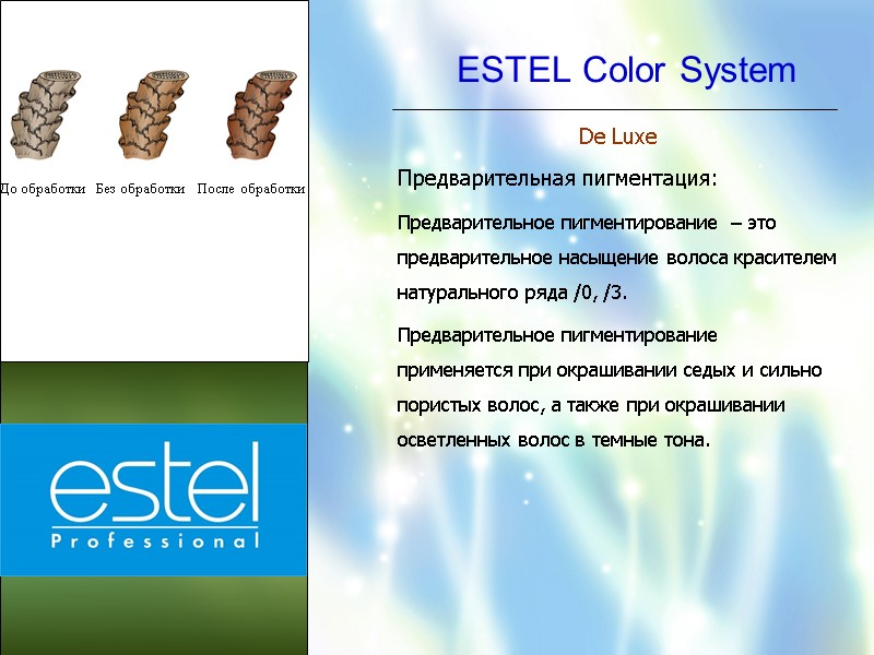 ESTEL Color System До обработки Без обработки После обработки De Luxe  Предварительная пигментация: